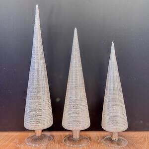 Handpainted Glass Christmas Trees Set of 3 White w Silver Holiday Tabletop Decor
